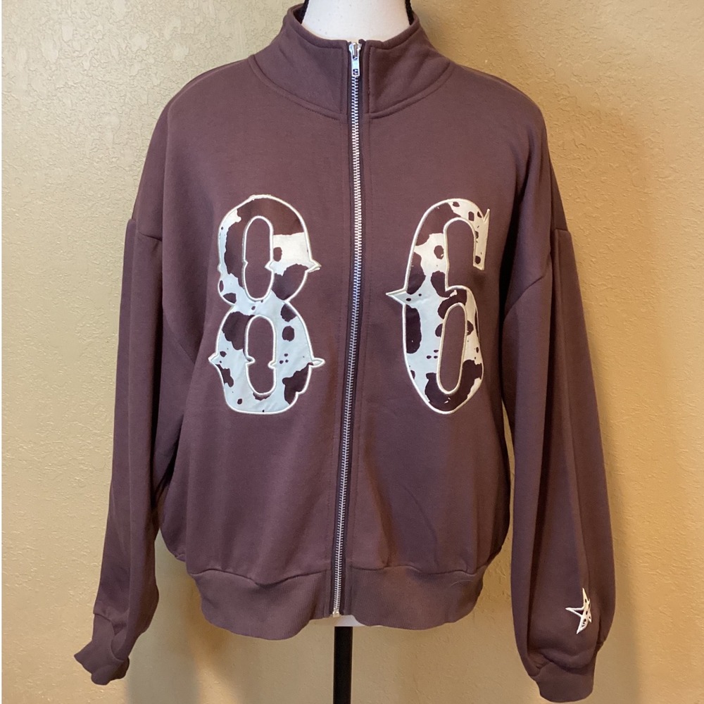 Fourteen Twelve Brown Collared Zip Up Fleece Sweatshirt with Pockets, Size Large